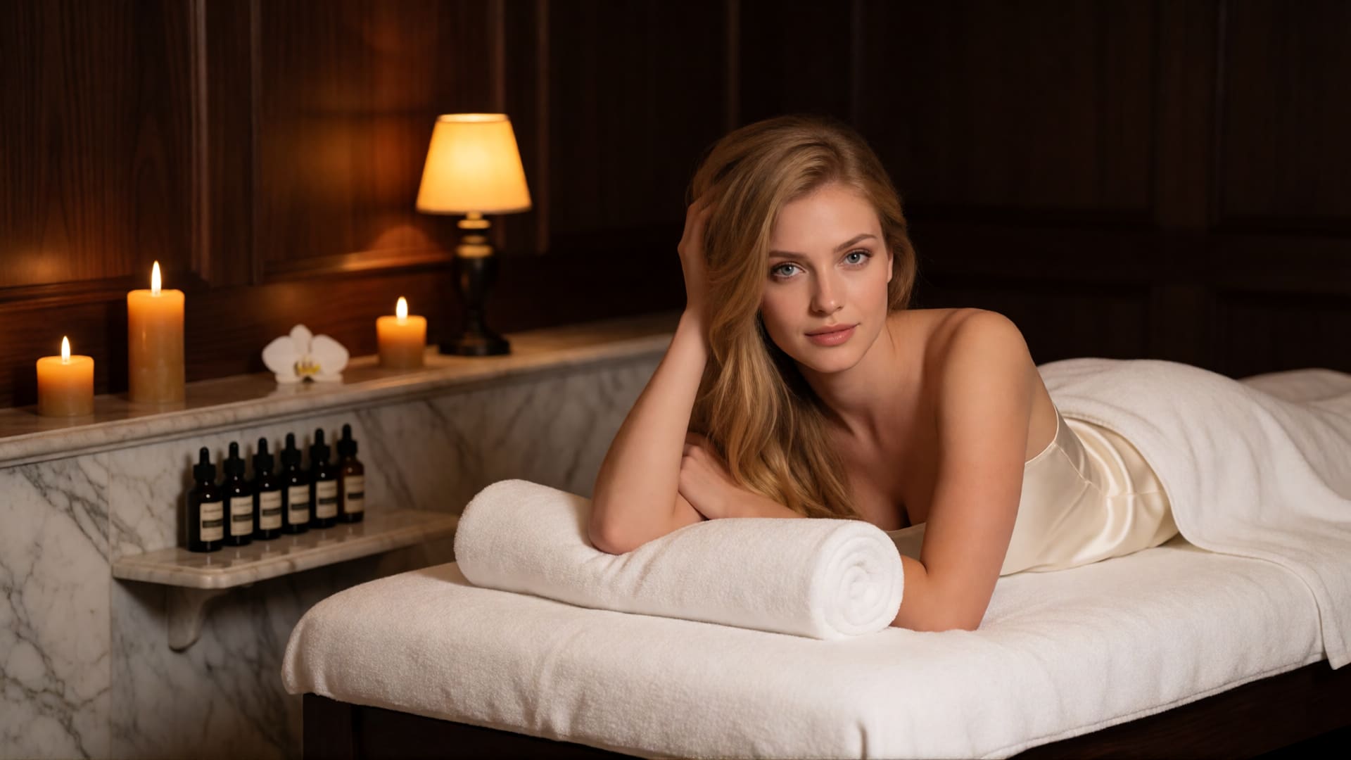A young blonde woman in ivory silk lingerie reclines on a towel-dressed spa couch in a candlelit massage suite with dark wood and marble.