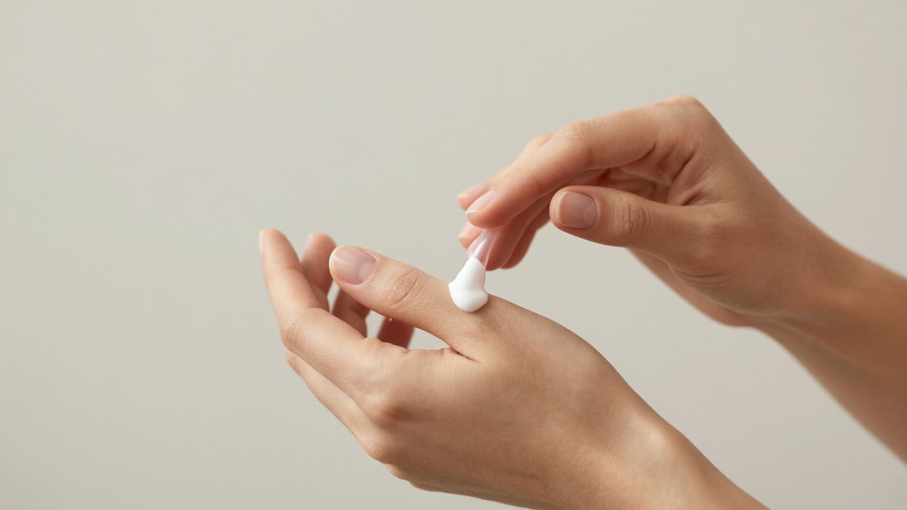 Hands with trimmed nails applying water-based lubricant, highlighting preparation and hygiene.
