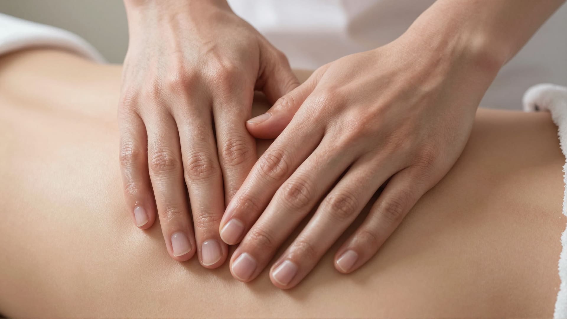 Hands working oil into a client's back during a massage